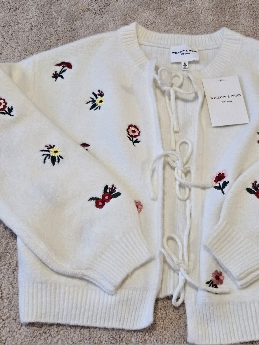 Willow And Wind Floral Embroidered Tie Front Cardigan